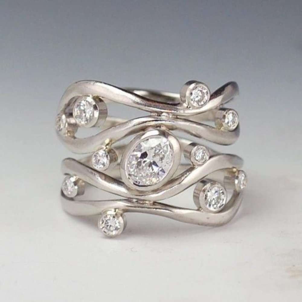 💞 Multi Layer Stackable Wave Water Drop White Oval Zircon Rings Women, PD225 - Picture 6 of 6
